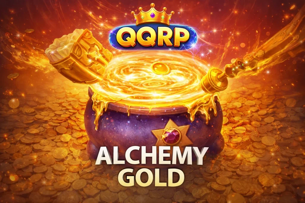 Gameplay ALCHEMY GOLD di QQRP menunjukkan animasi simbol alkimia yang menawan dan fitur bonus interaktif.