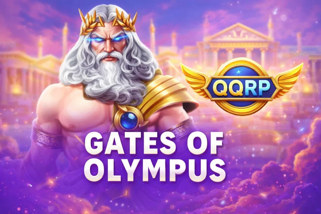 Visual epik GATES OF OLYMPUS di QQRP dengan simbol dewa Yunani dan animasi halus, kompatibel dengan QQRP APK